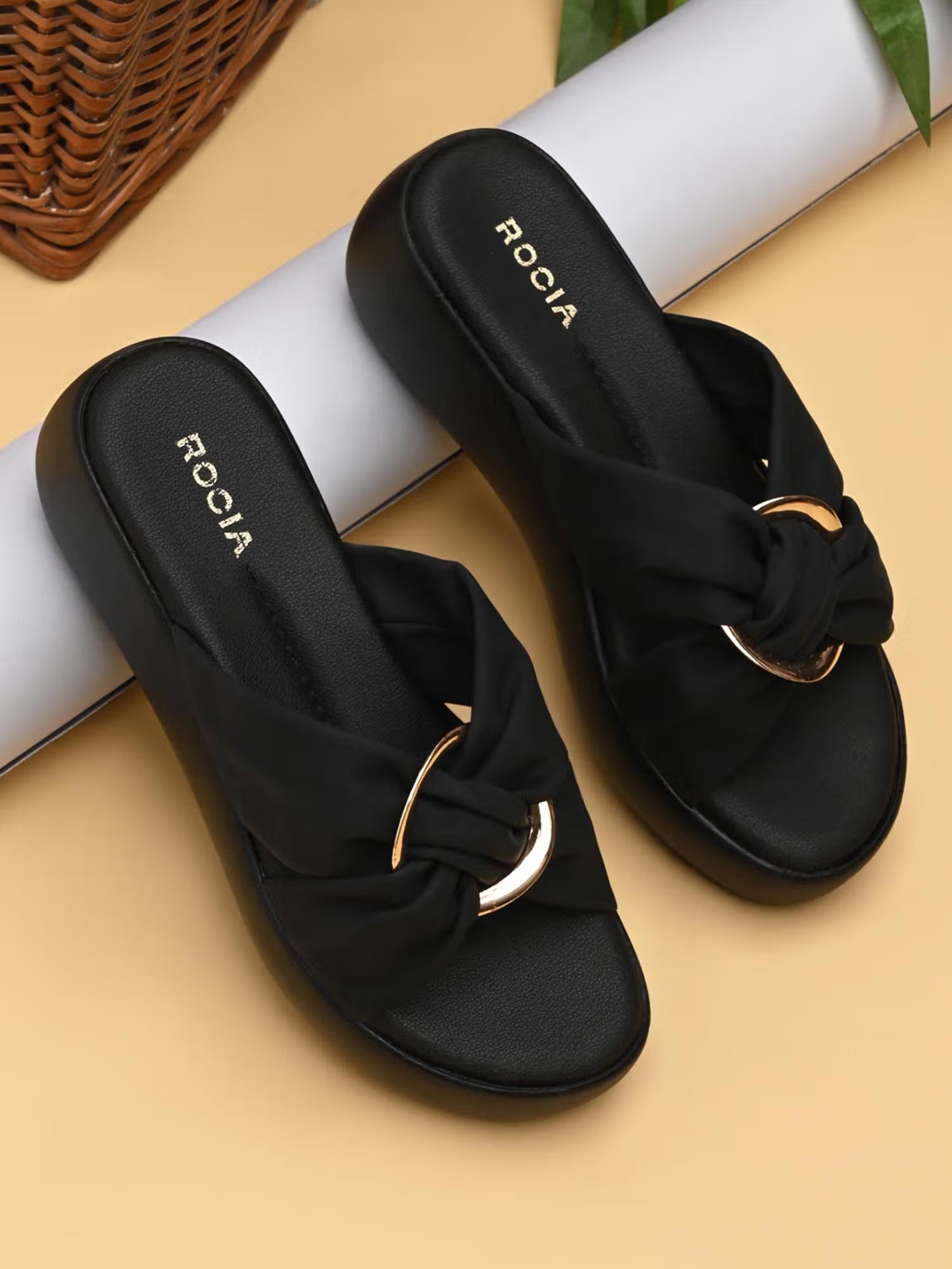 Regal Black Women Stylish Buckled Platform Sandals