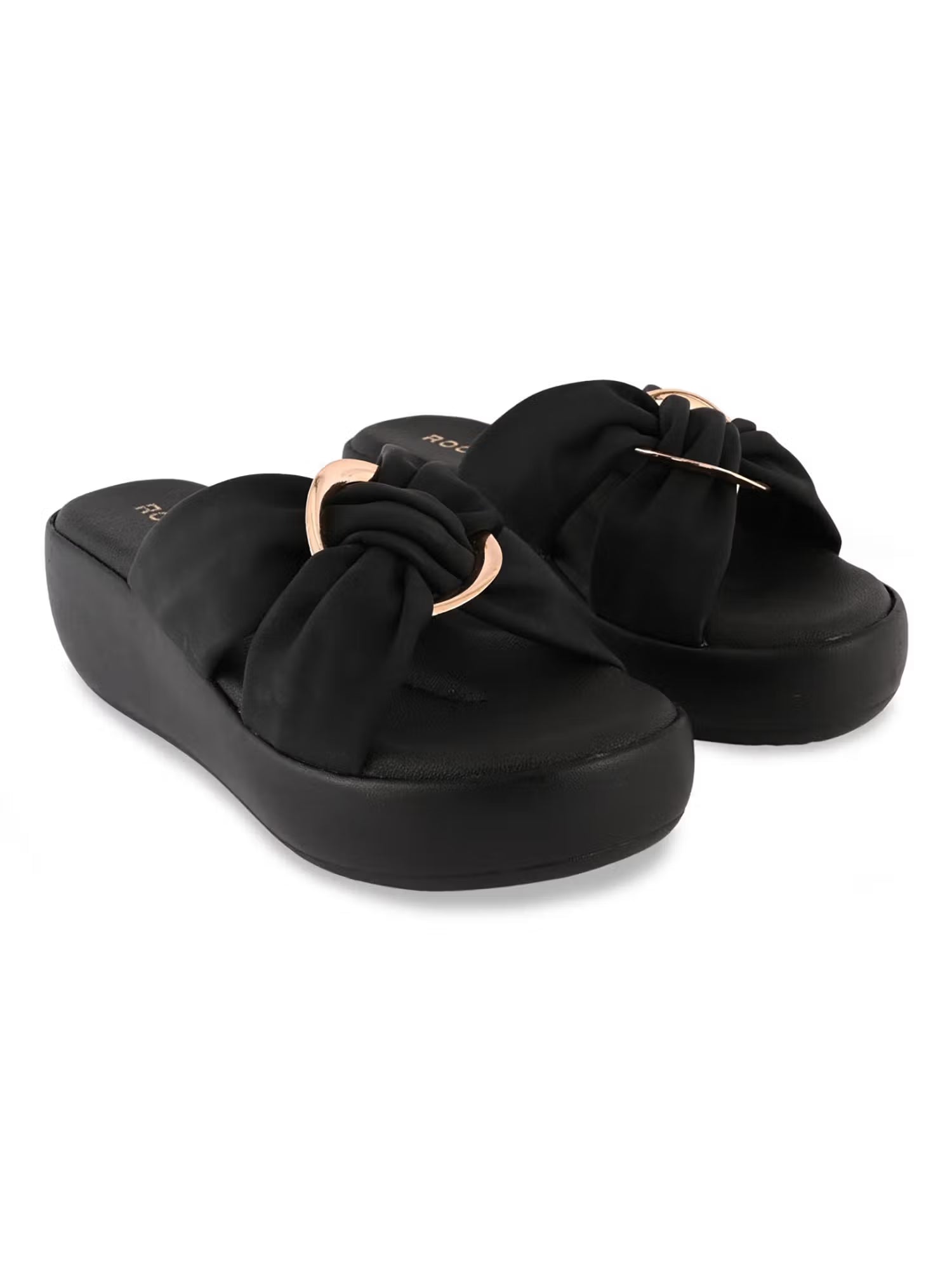 Regal Black Women Stylish Buckled Platform Sandals