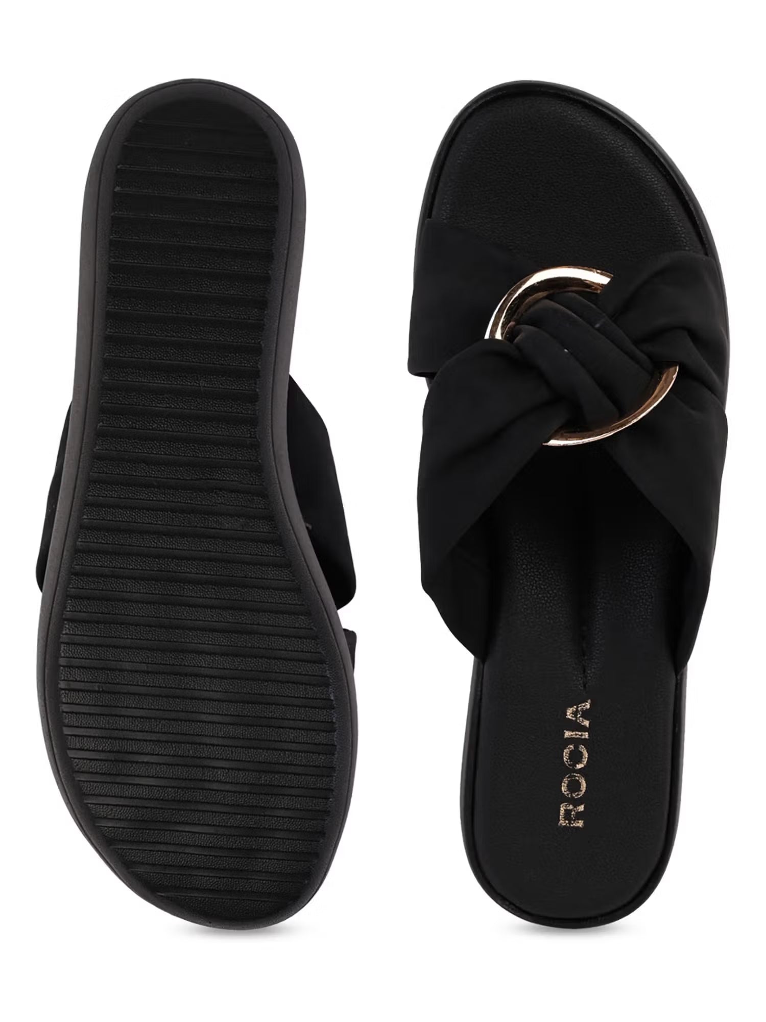 Regal Black Women Stylish Buckled Platform Sandals