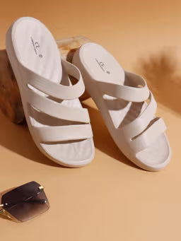 Women Beige Three-Strap Platform Comfort Sandals