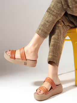 Tan Striped Platform Heel Casual Women Sandals
