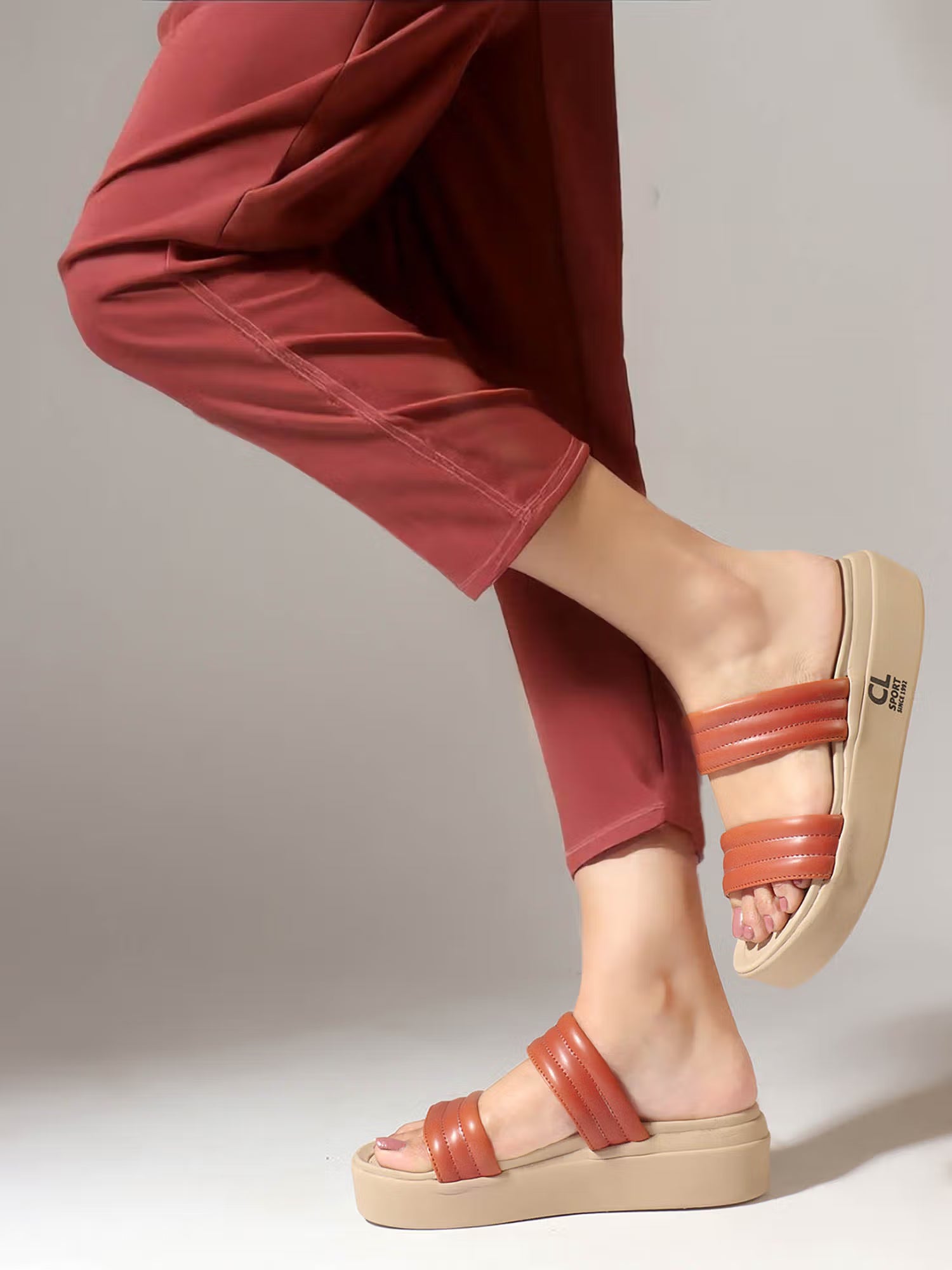 Tan Striped Platform Heel Casual Women Sandals