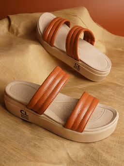 Tan Striped Platform Heel Casual Women Sandals